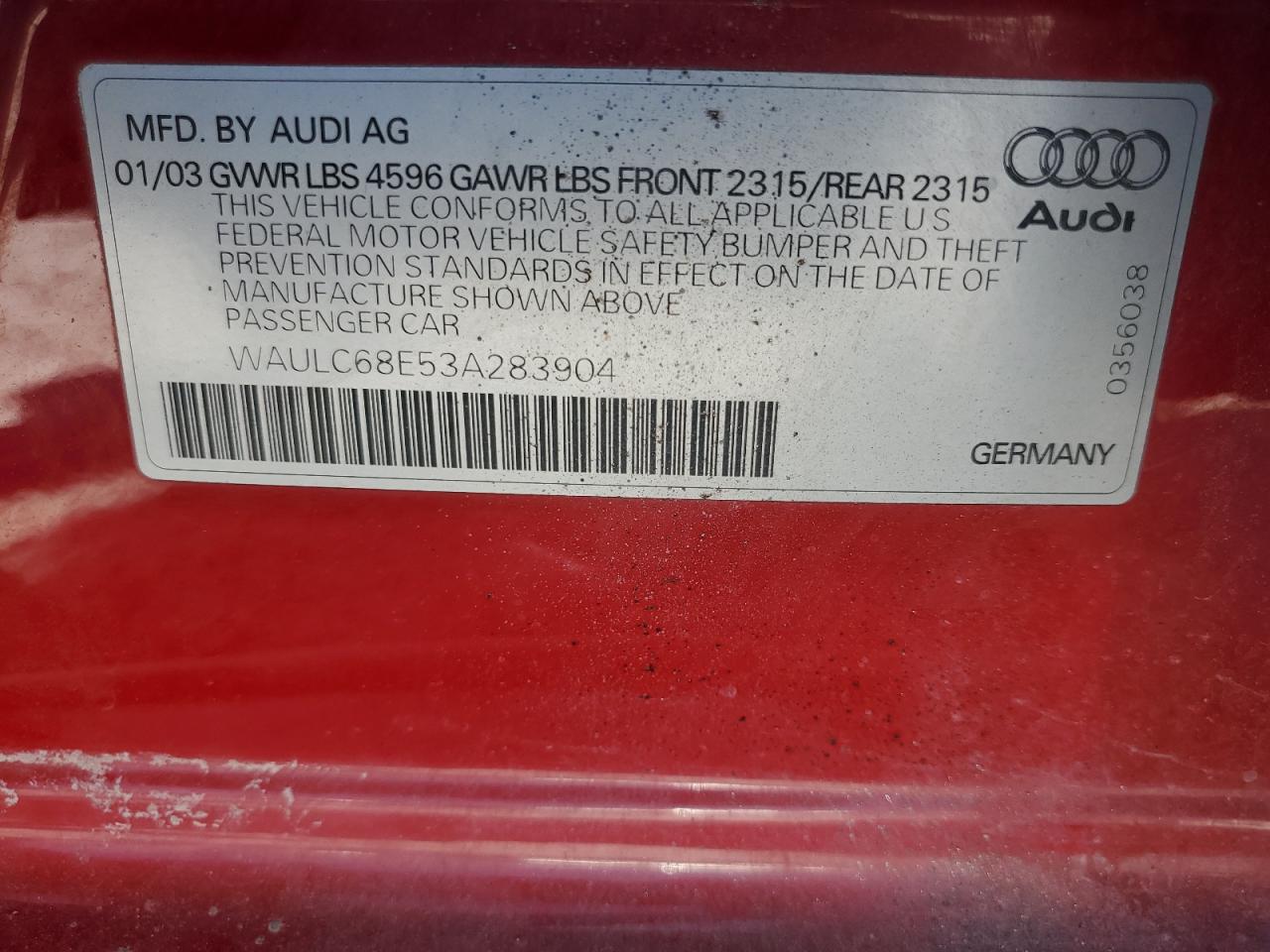 2003 Audi A4 1.8T Quattro VIN: WAULC68E53A283904 Lot: 81114115