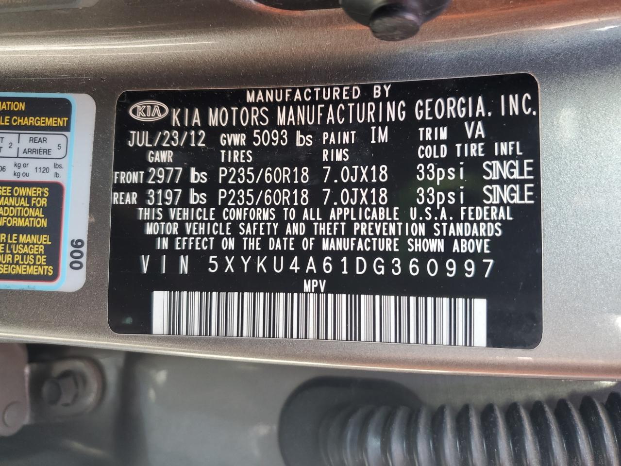 2013 Kia Sorento Ex VIN: 5XYKU4A61DG360997 Lot: 80073835