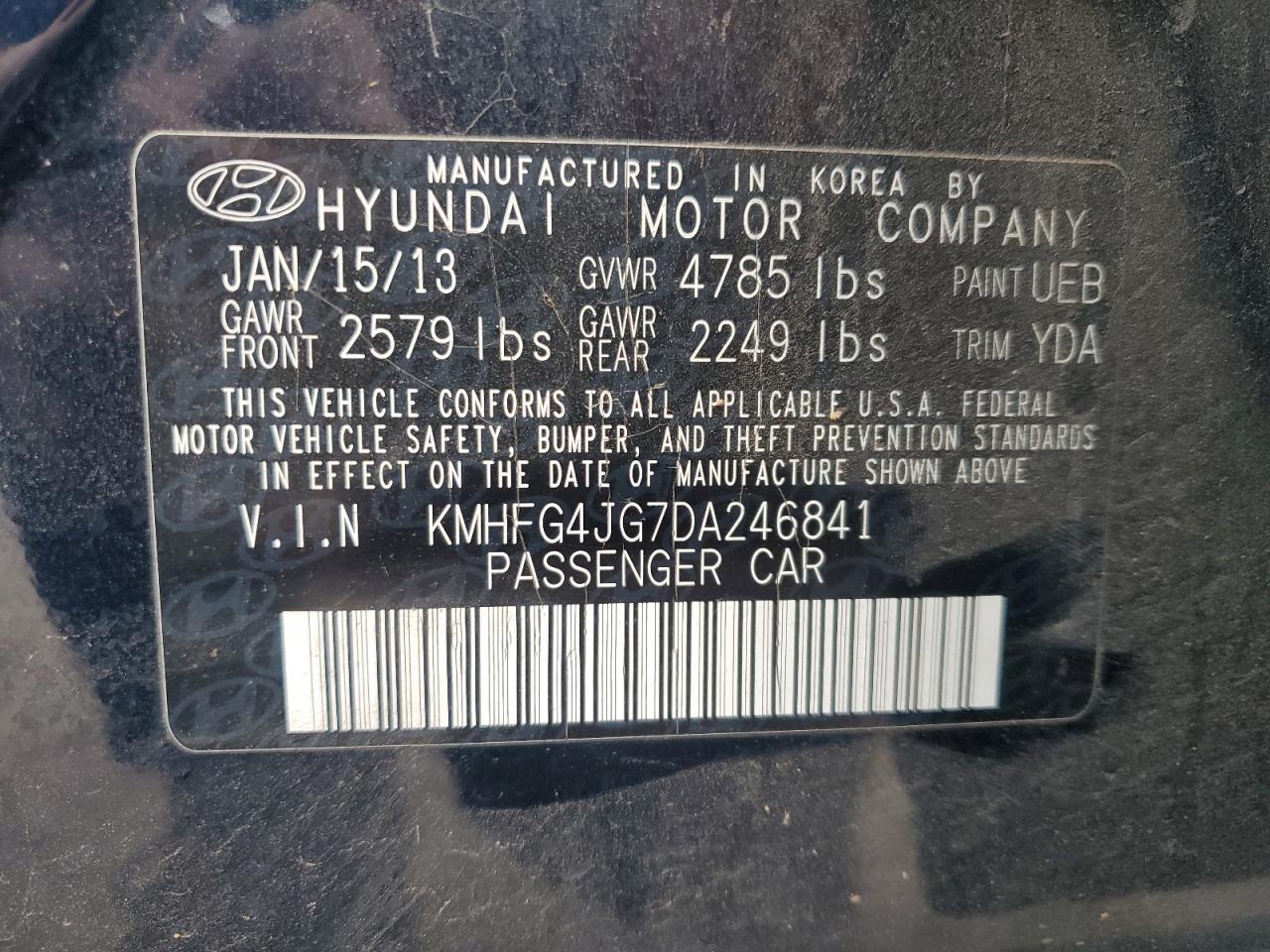 2013 Hyundai Azera VIN: KMHFG4JG7DA246841 Lot: 81628665