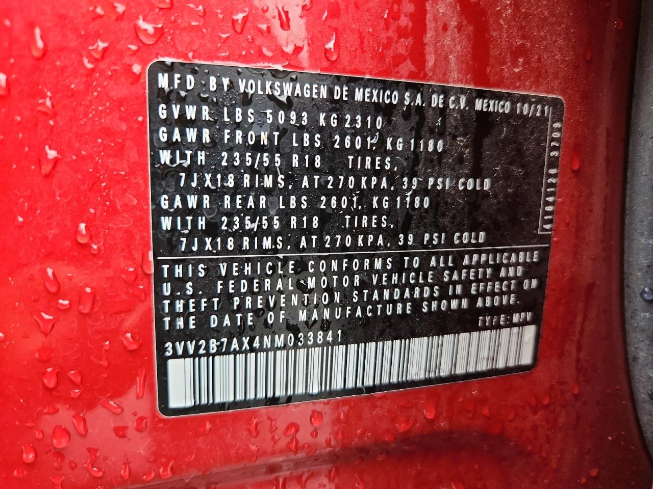 2022 Volkswagen Tiguan Se VIN: 3VV2B7AX4NM033841 Lot: 71304285