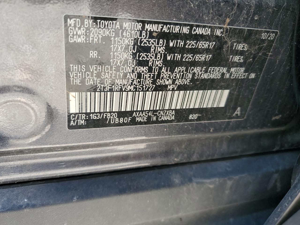 2021 Toyota Rav4 Le VIN: 2T3F1RFV9MC151727 Lot: 85731745