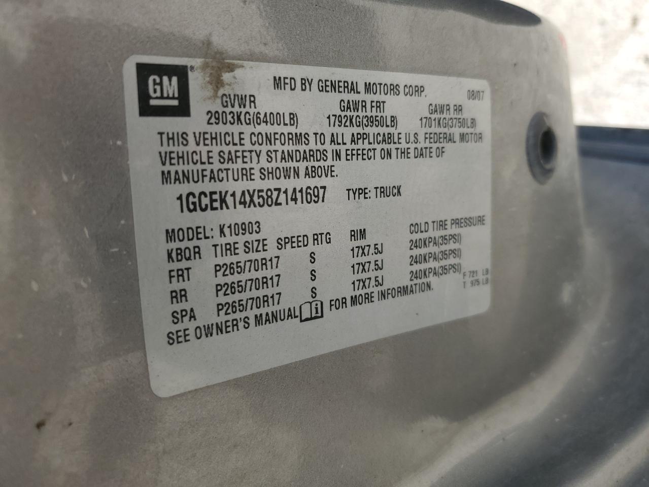 2008 Chevrolet Silverado K1500 VIN: 1GCEK14X58Z141697 Lot: 84582215