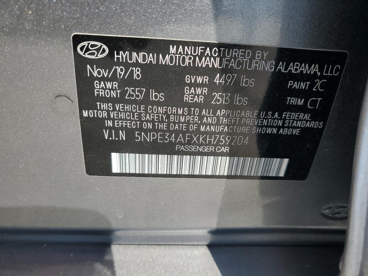 2019 Hyundai Sonata Limited VIN: 5NPE34AFXKH759204 Lot: 81679685