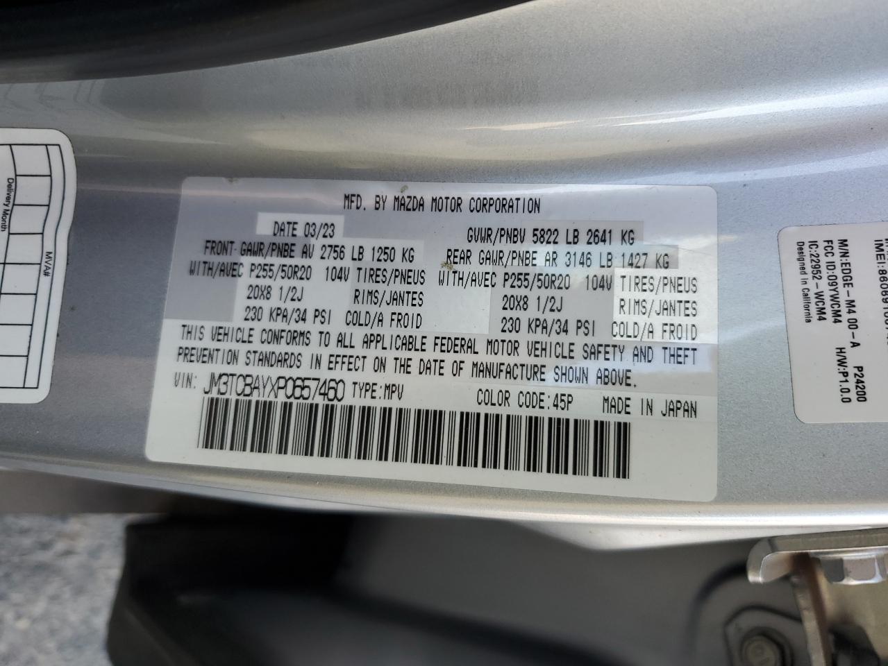 2023 Mazda Cx-9 Touring Plus VIN: JM3TCBAYXP0657460 Lot: 82095665