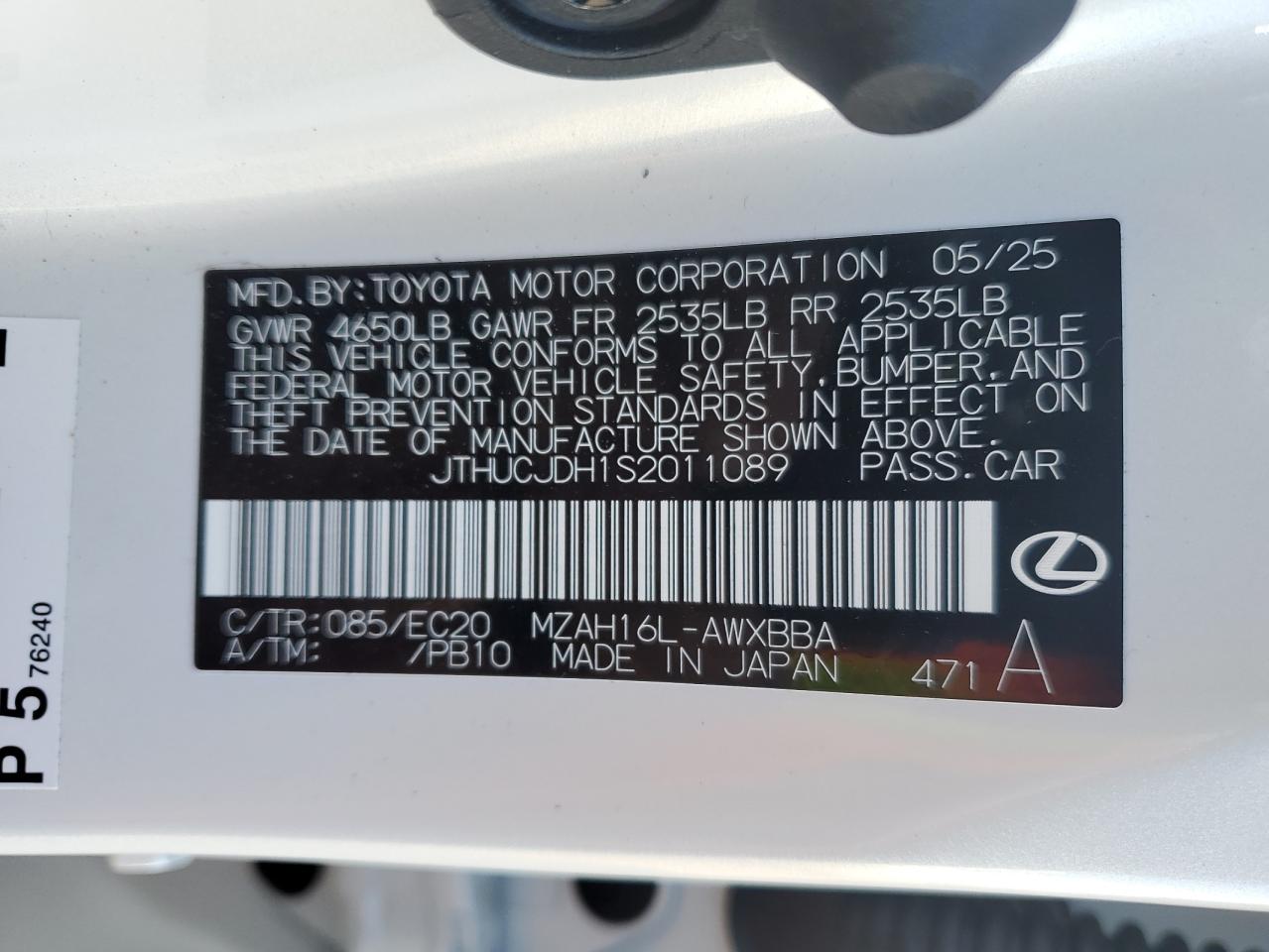 2025 Lexus Ux 300H Base VIN: JTHUCJDH1S2011089 Lot: 80675645