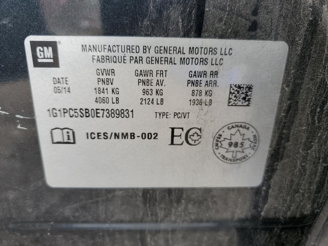 2014 Chevrolet Cruze Lt VIN: 1G1PC5SB0E7389831 Lot: 81637265