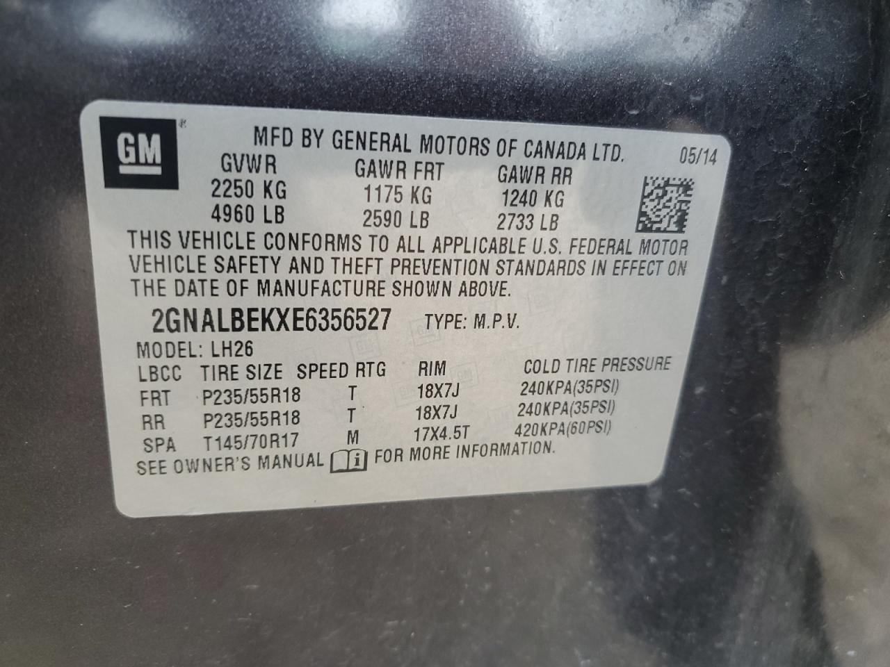 2014 Chevrolet Equinox Lt VIN: 2GNALBEKXE6356527 Lot: 81582275