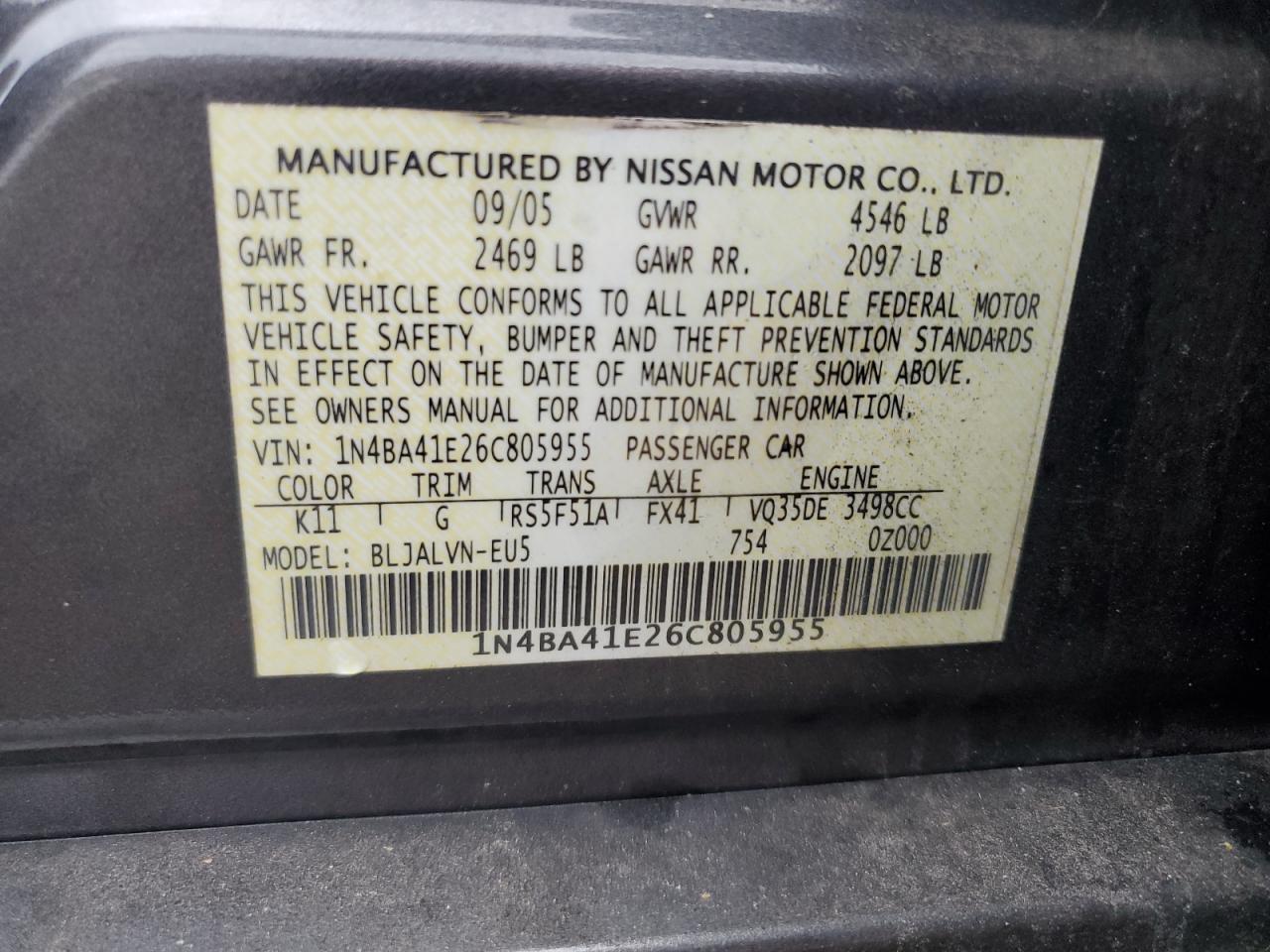 2006 Nissan Maxima Se VIN: 1N4BA41E26C805955 Lot: 83983345