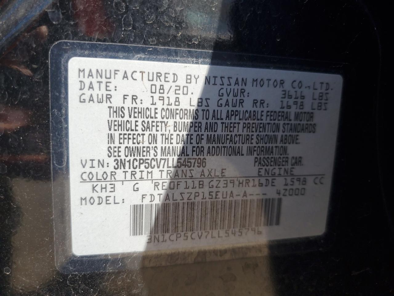 2020 Nissan Kicks Sv VIN: 3N1CP5CV7LL545796 Lot: 84447475