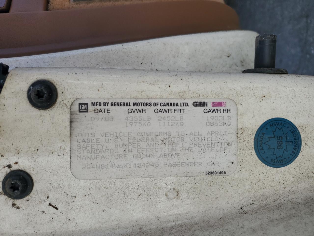 1989 Buick Regal Custom VIN: 2G4WB14W6K1424245 Lot: 84607655