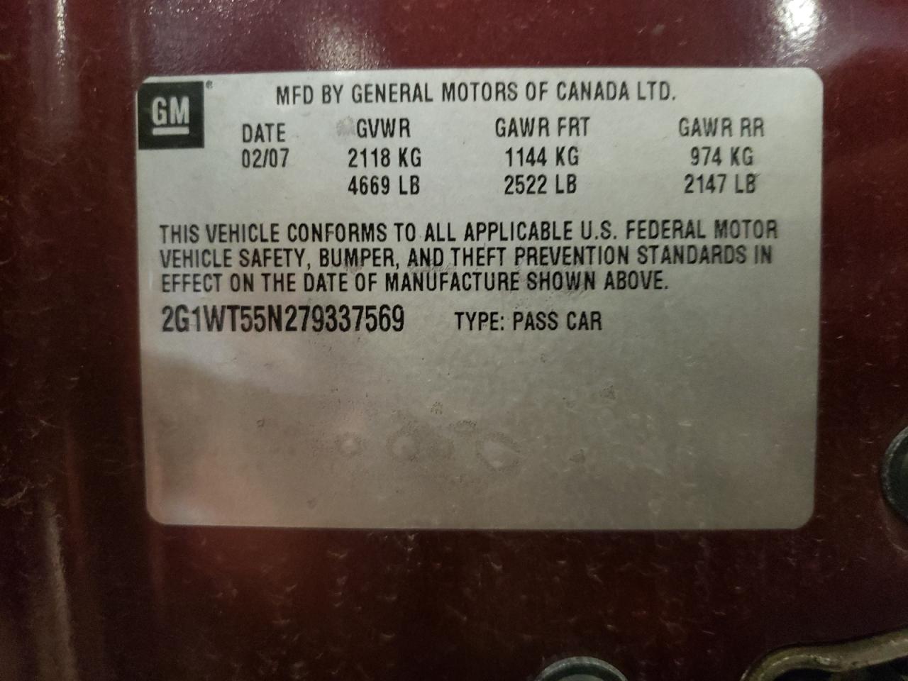 2007 Chevrolet Impala Lt VIN: 2G1WT55N279337569 Lot: 81726935