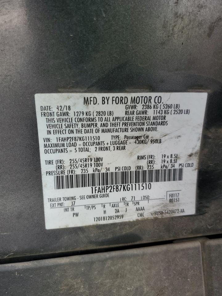 2019 Ford Taurus Limited VIN: 1FAHP2F87KG111510 Lot: 84351835