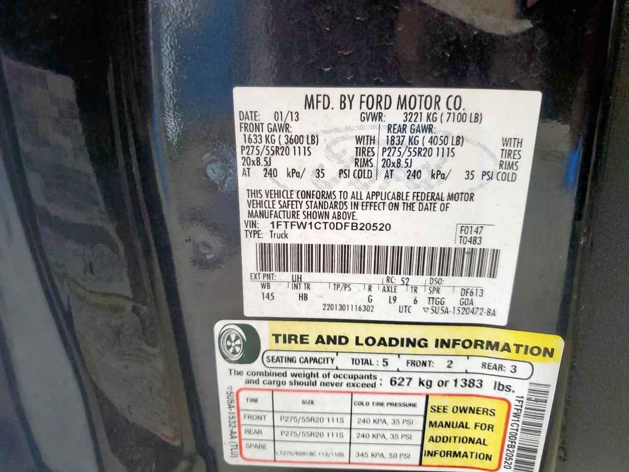 2013 Ford F150 Supercrew VIN: 1FTFW1CT0DFB20520 Lot: 71115135