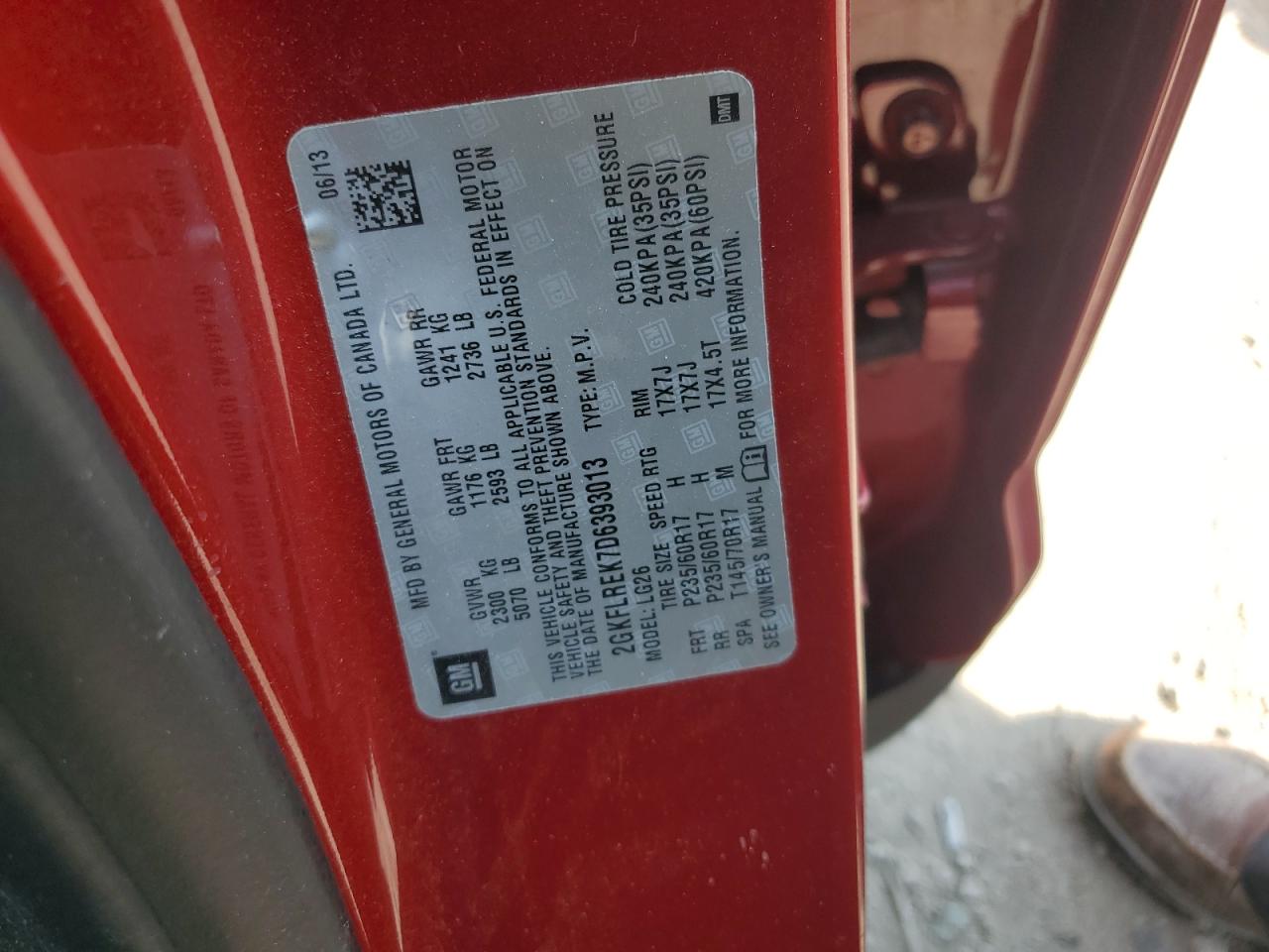 2013 GMC Terrain Sle VIN: 2GKFLREK7D6393013 Lot: 71194035