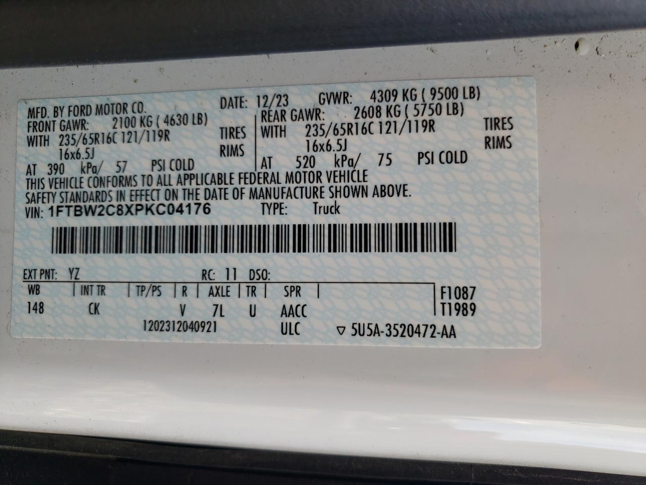 2023 Ford Transit T-350 VIN: 1FTBW2C8XPKC04176 Lot: 72028985