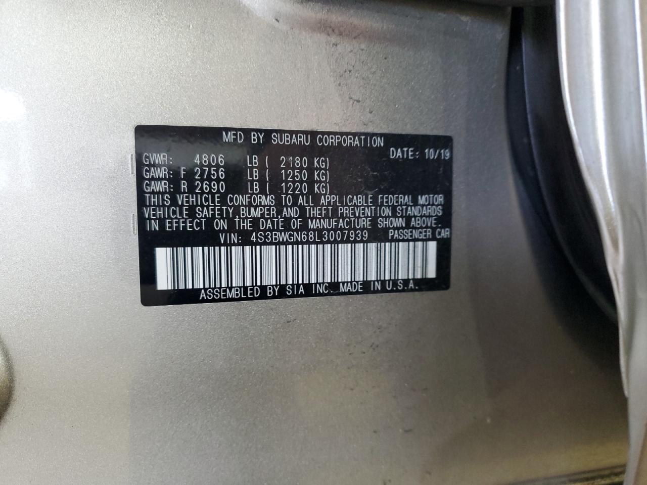 2020 Subaru Legacy Limited Xt VIN: 4S3BWGN68L3007939 Lot: 81222635