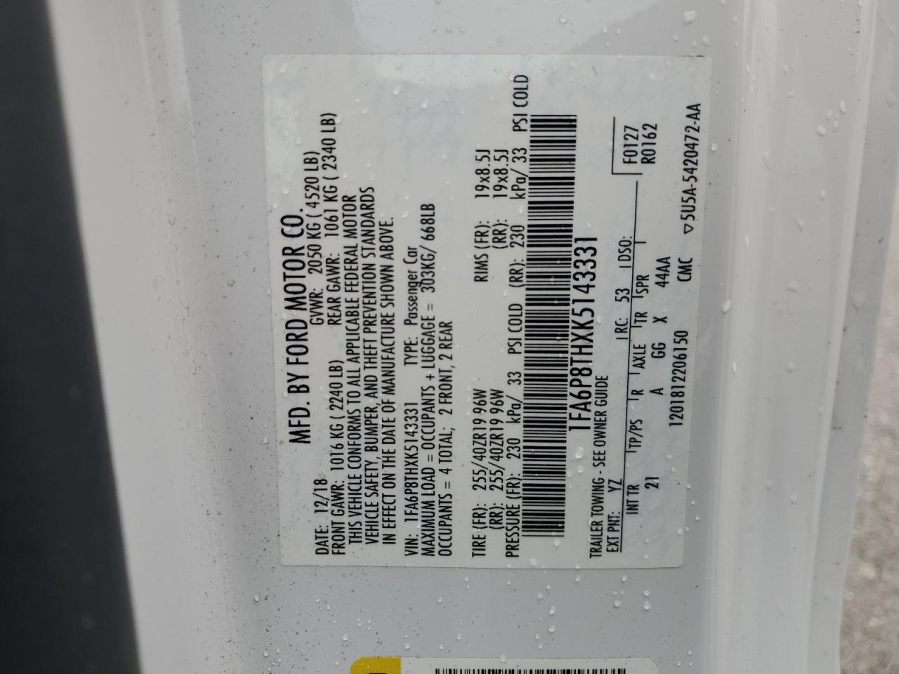 2019 Ford Mustang VIN: 1FA6P8THXK5143331 Lot: 81428935