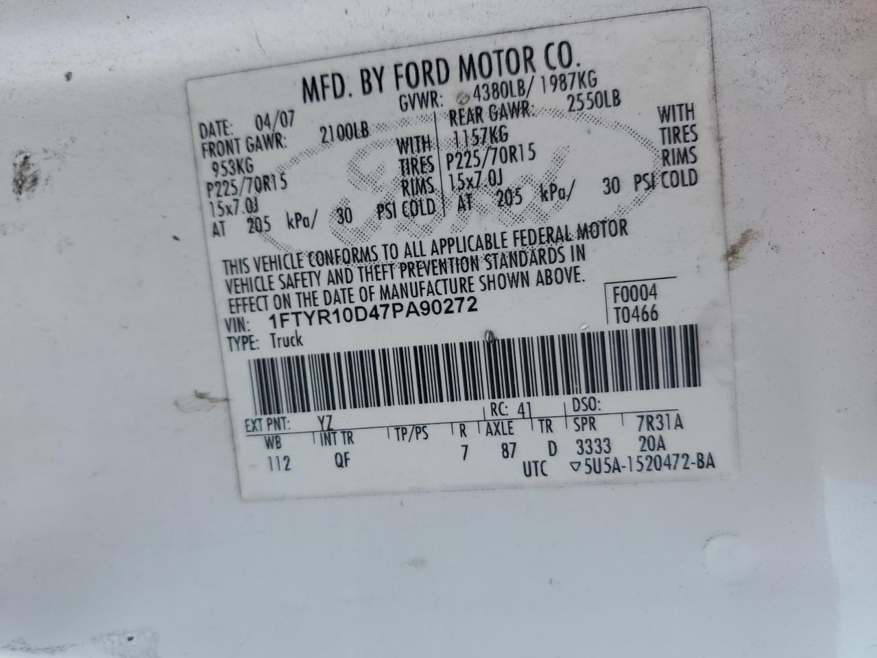 2007 Ford Ranger VIN: 1FTYR10D47PA90272 Lot: 84018305