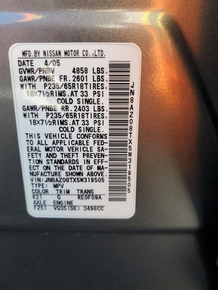 2005 Nissan Murano Sl VIN: JN8AZ08TX5W319505 Lot: 80761445