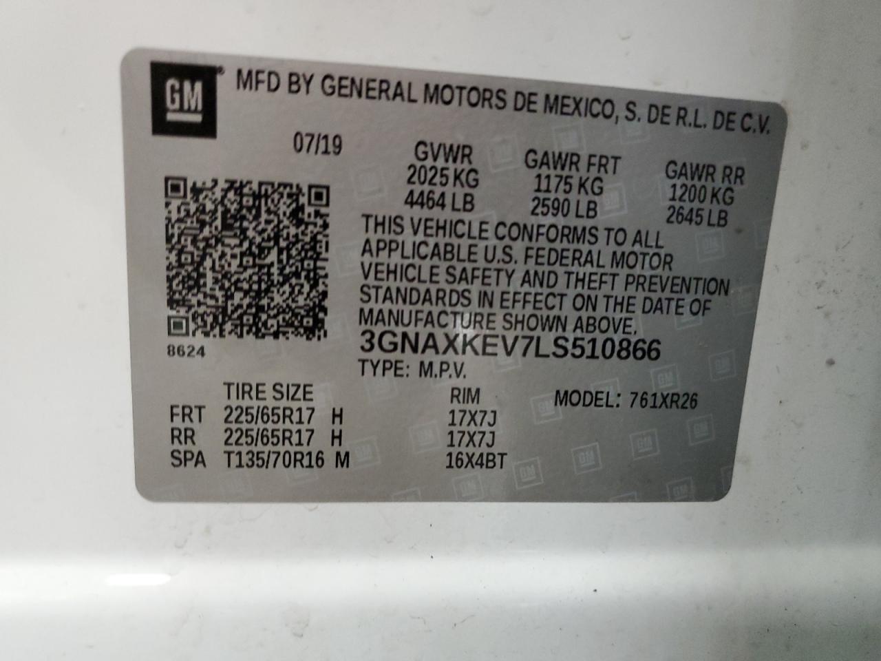2020 Chevrolet Equinox Lt VIN: 3GNAXKEV7LS510866 Lot: 80318785