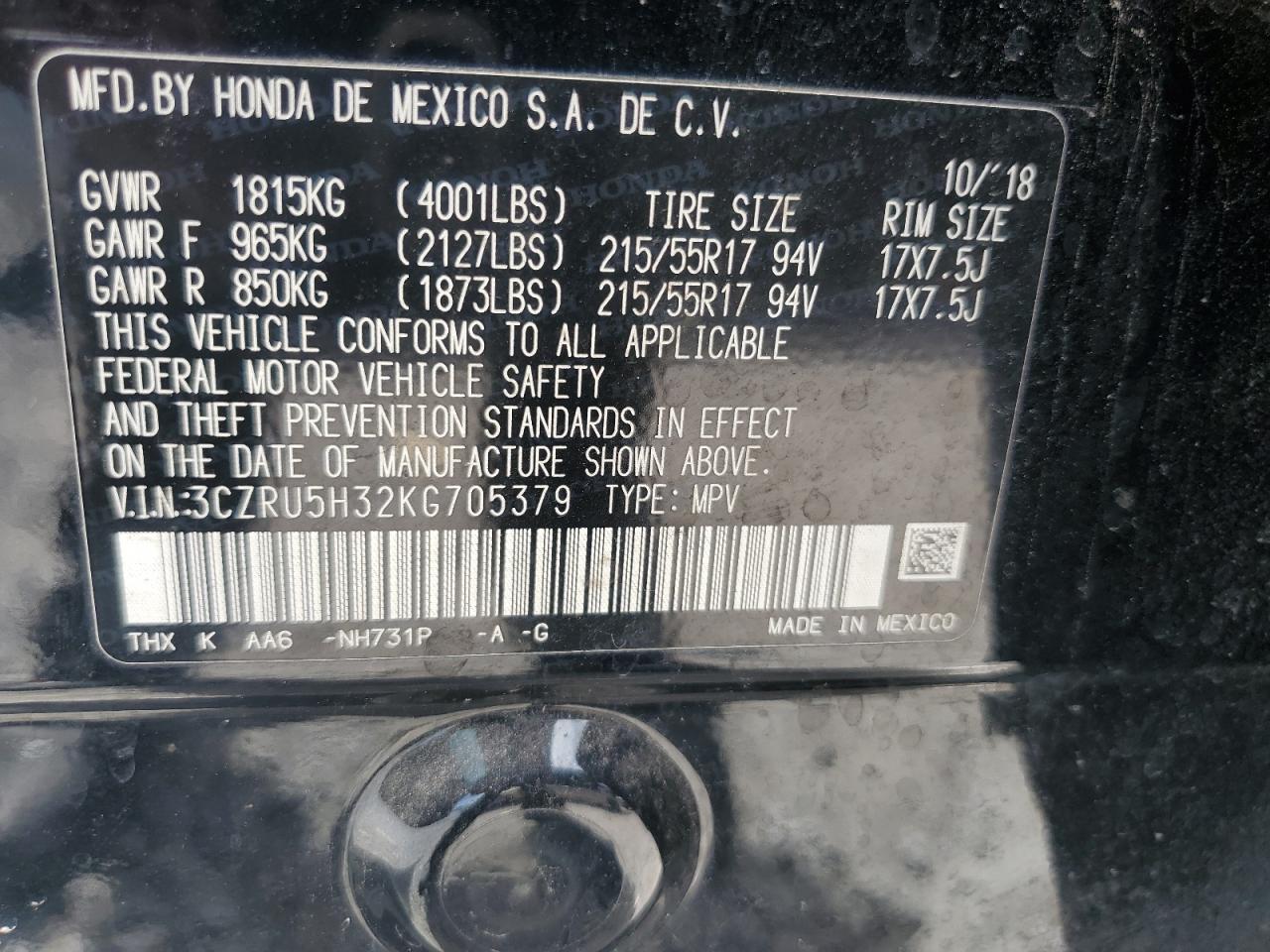 2019 Honda Hr-V Lx VIN: 3CZRU5H32KG705379 Lot: 83800385