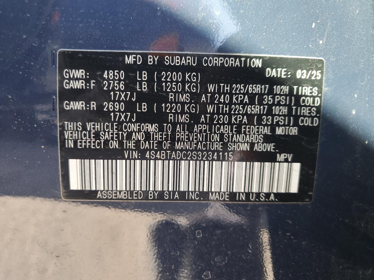2025 Subaru Outback Premium VIN: 4S4BTADC2S3234115 Lot: 81508995