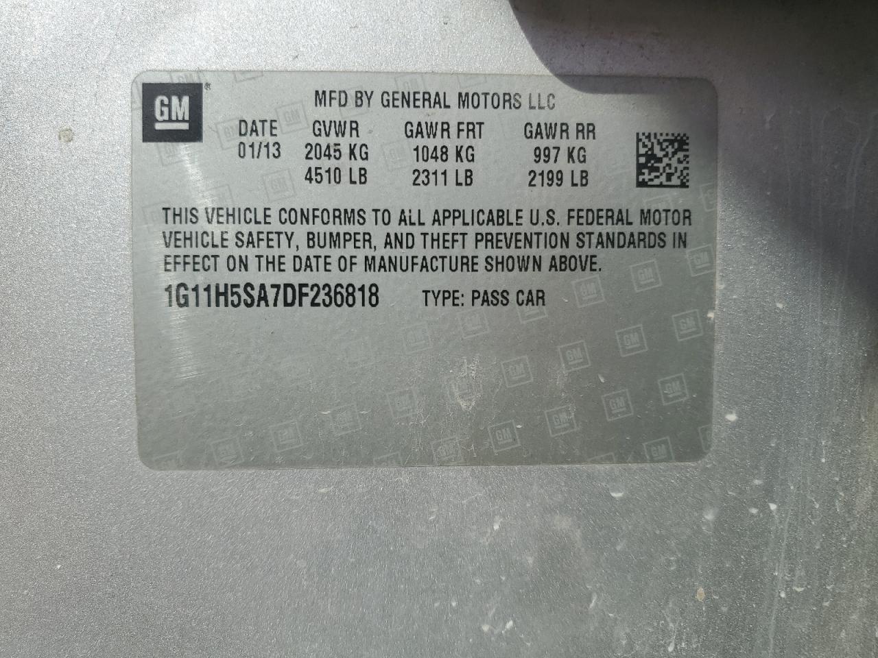 2013 Chevrolet Malibu Ltz VIN: 1G11H5SA7DF236818 Lot: 84454035