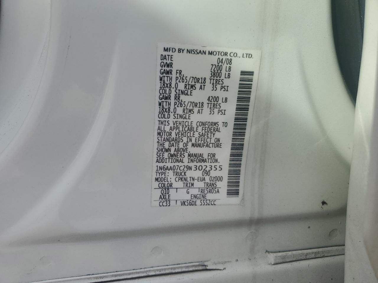 2009 Nissan Titan Xe VIN: 1N6AA07C29N302355 Lot: 81566505