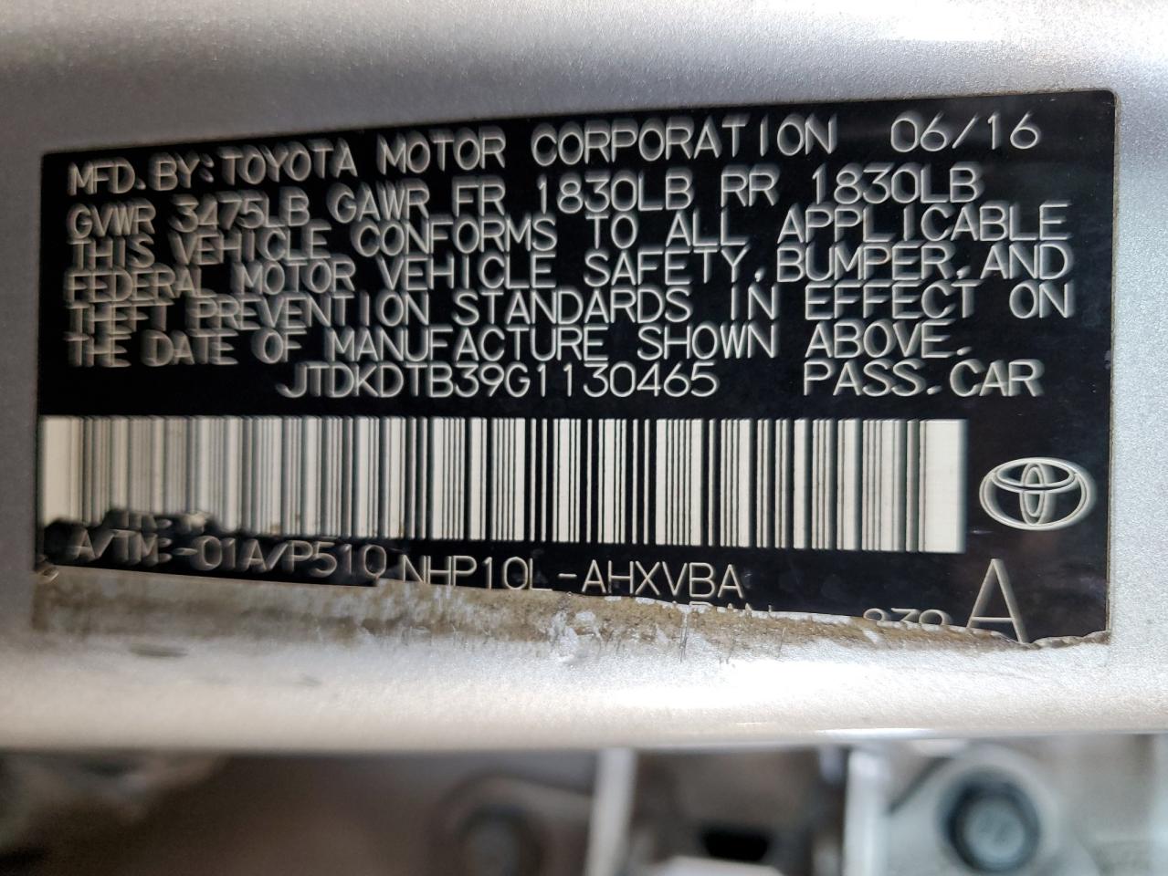 2016 Toyota Prius C VIN: JTDKDTB39G1130465 Lot: 70963555