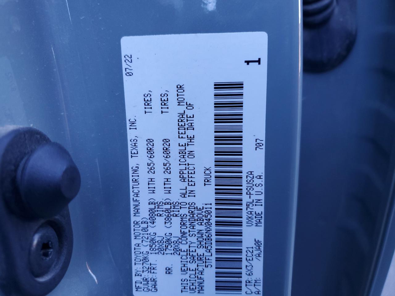 2022 Toyota Tundra Crewmax Sr VIN: 5TFLA5DB6NX045011 Lot: 83785185