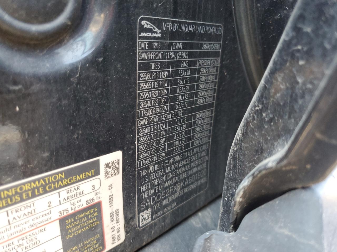 2019 Jaguar F-Pace VIN: SADCS2FX9KA601920 Lot: 80006025