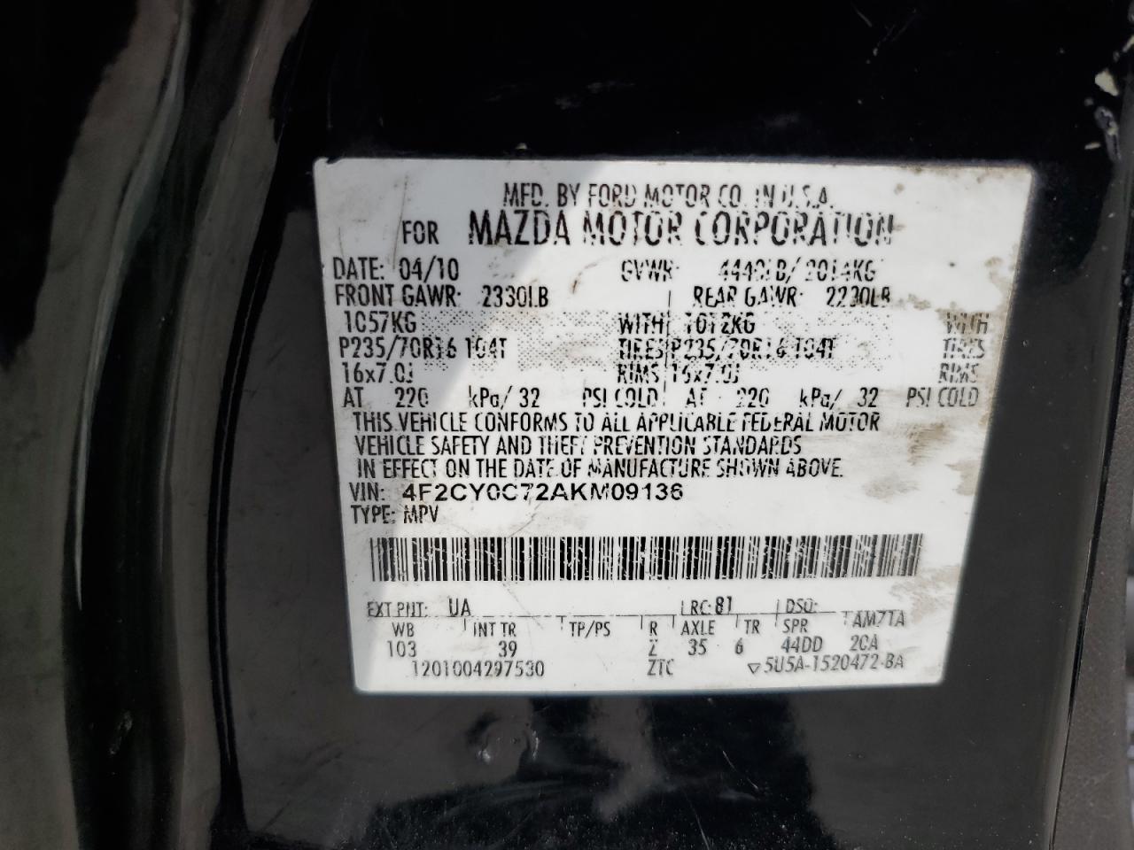 2010 Mazda Tribute I VIN: 4F2CY0C72AKM09136 Lot: 70951185