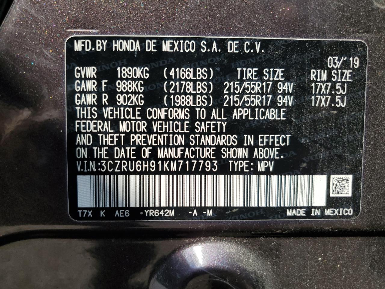 2019 Honda Hr-V Touring VIN: 3CZRU6H91KM717793 Lot: 71868535