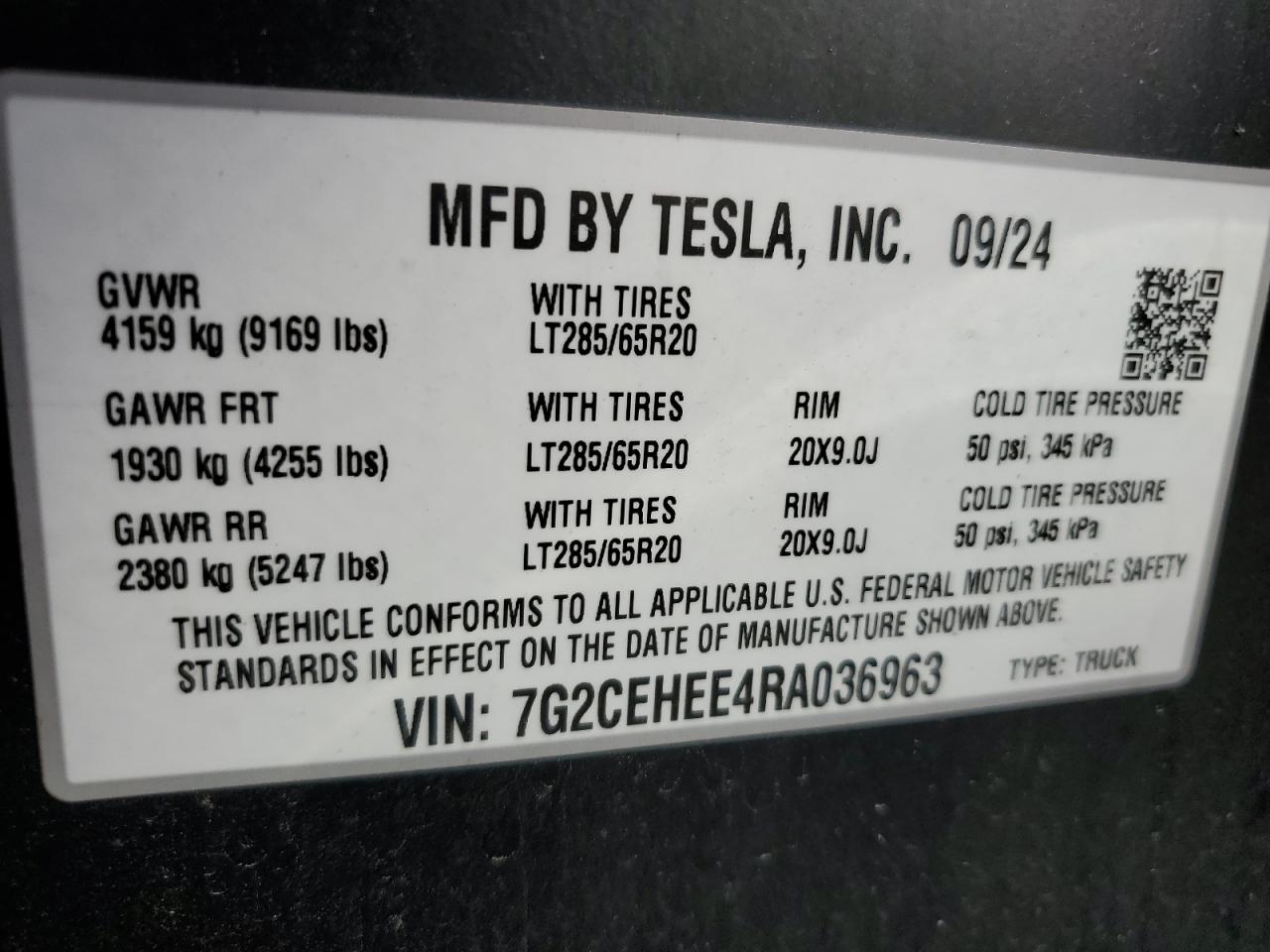 2024 Tesla Cybertruck VIN: 7G2CEHEE4RA036963 Lot: 82135365
