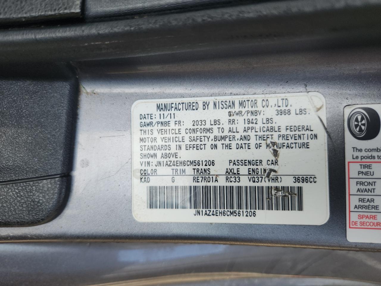 2012 Nissan 370Z Base VIN: JN1AZ4EH6CM561206 Lot: 81557545