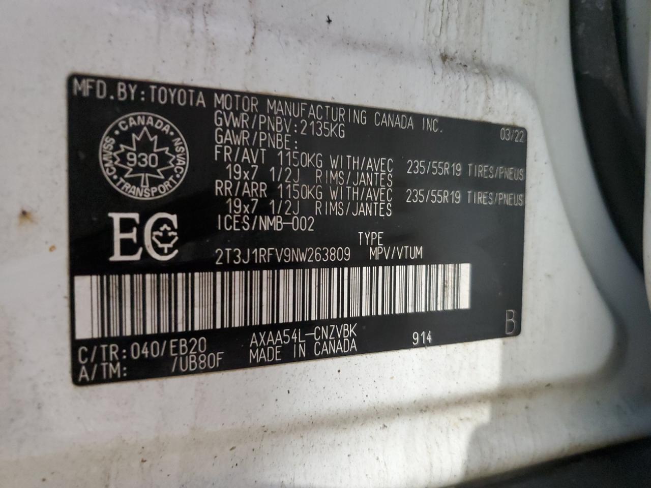 2022 Toyota Rav4 Adventure VIN: 2T3J1RFV9NW263809 Lot: 83962135