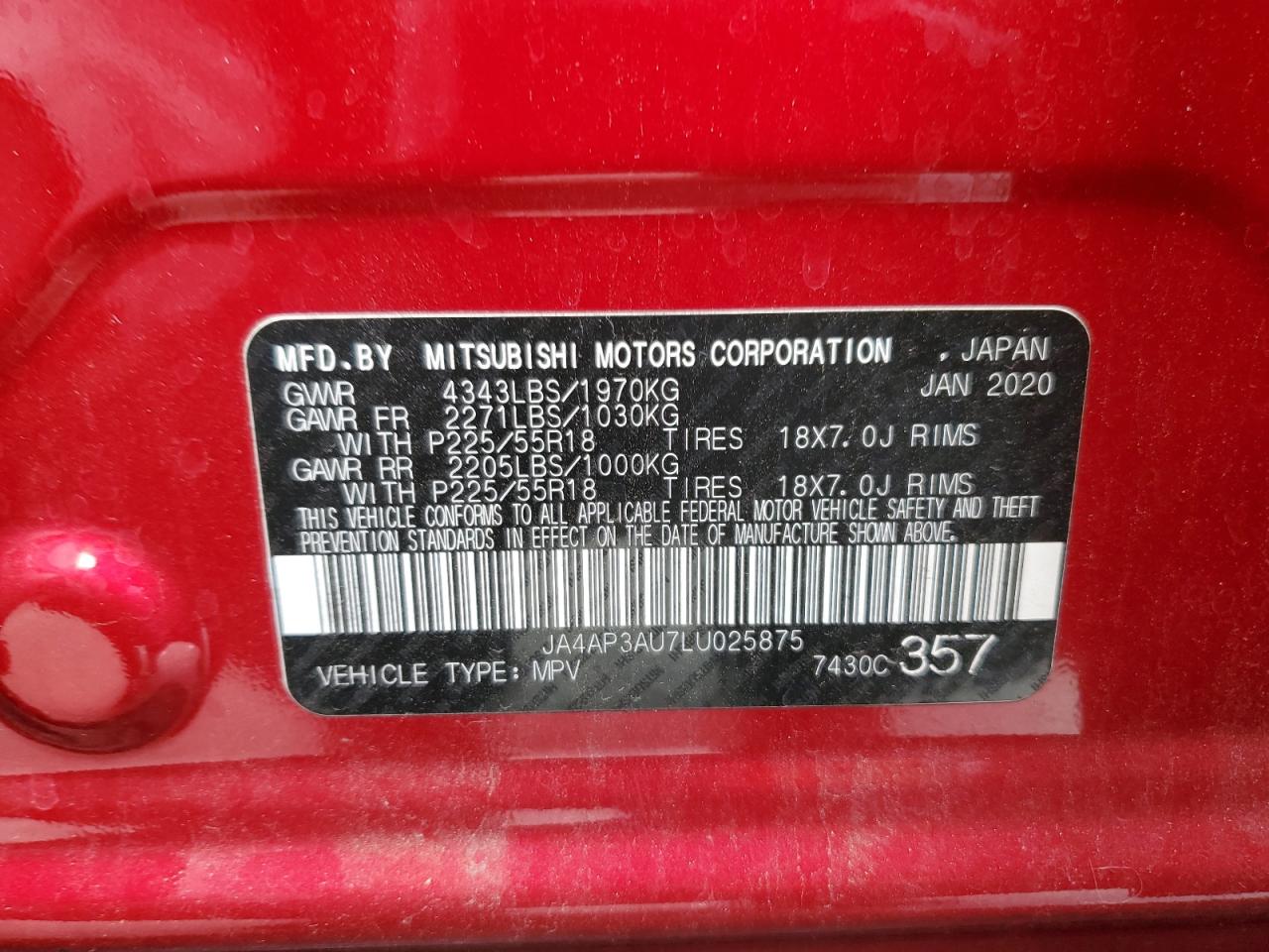 2020 Mitsubishi Outlander Sport Es VIN: JA4AP3AU7LU025875 Lot: 72101315