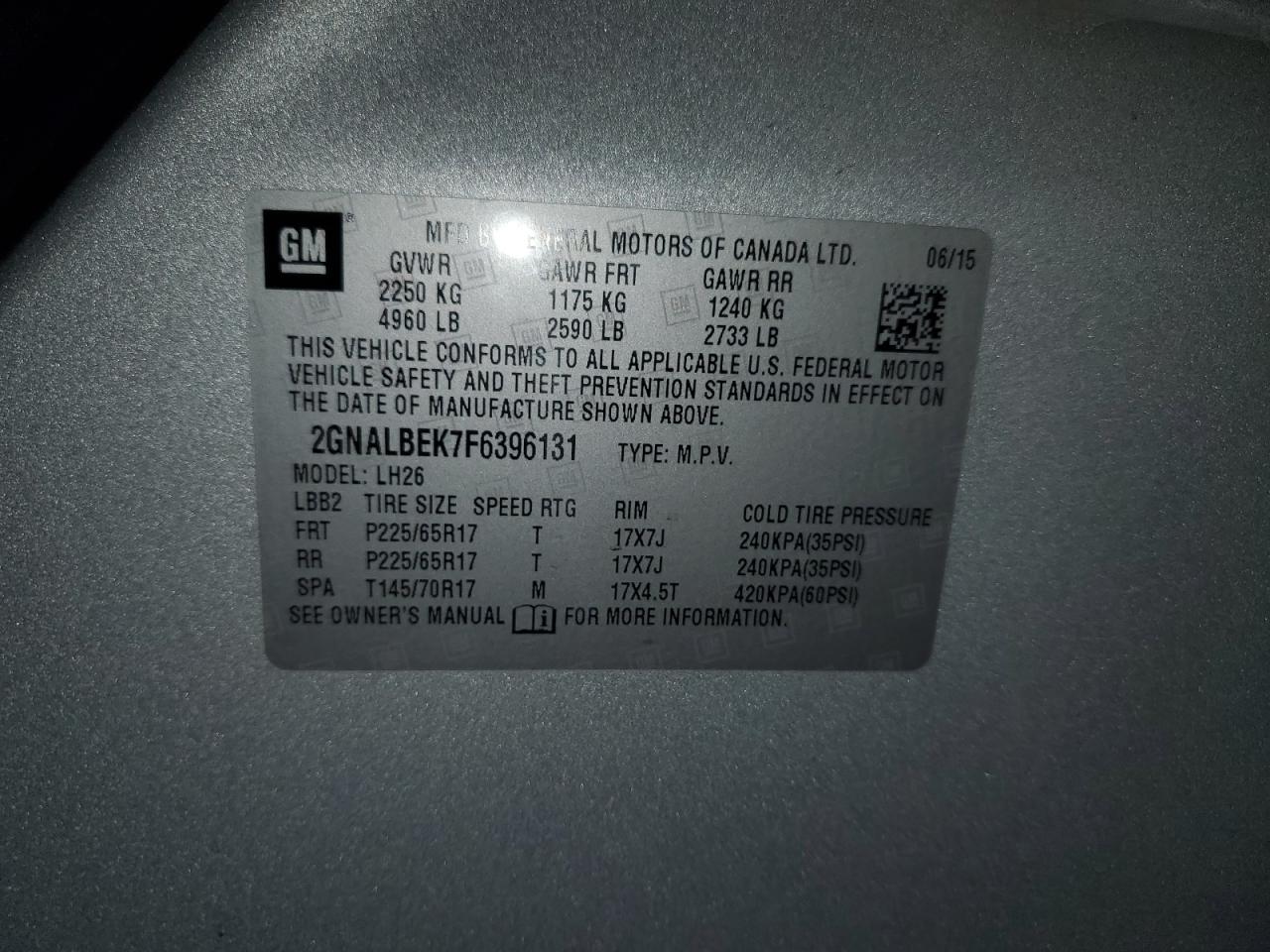 2015 Chevrolet Equinox Lt VIN: 2GNALBEK7F6396131 Lot: 81763435