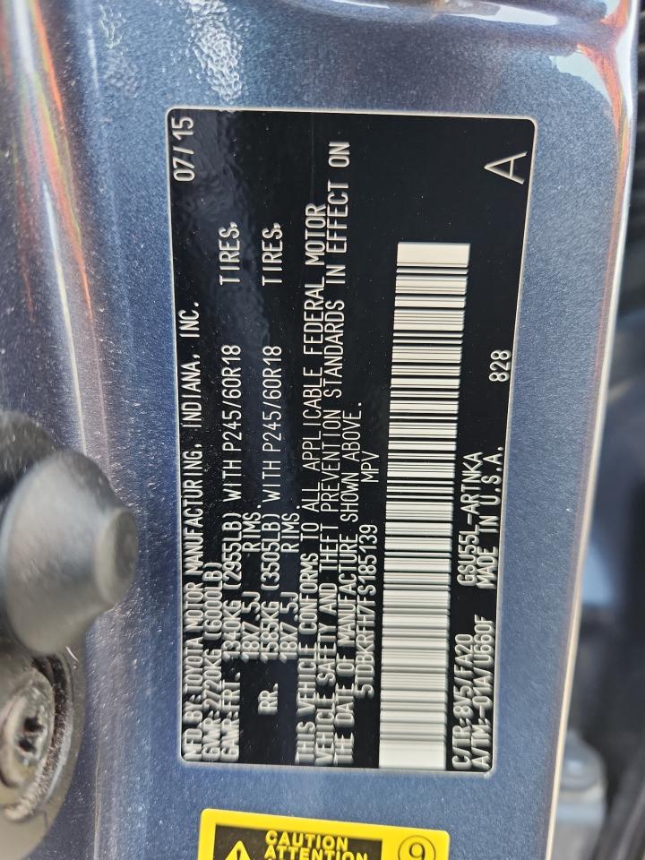 2015 Toyota Highlander Le VIN: 5TDBKRFH7FS185139 Lot: 83889355