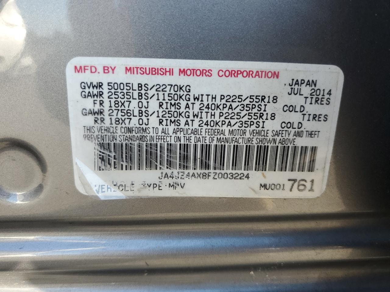 2015 Mitsubishi Outlander Gt VIN: JA4JZ4AX8FZ003224 Lot: 81385685