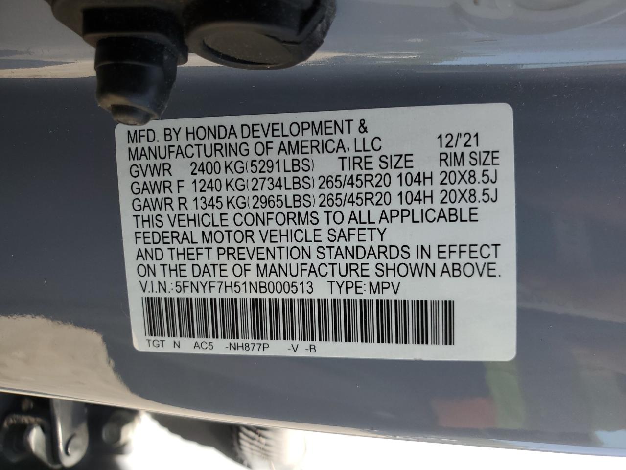 2022 Honda Passport Exl VIN: 5FNYF7H51NB000513 Lot: 72018315
