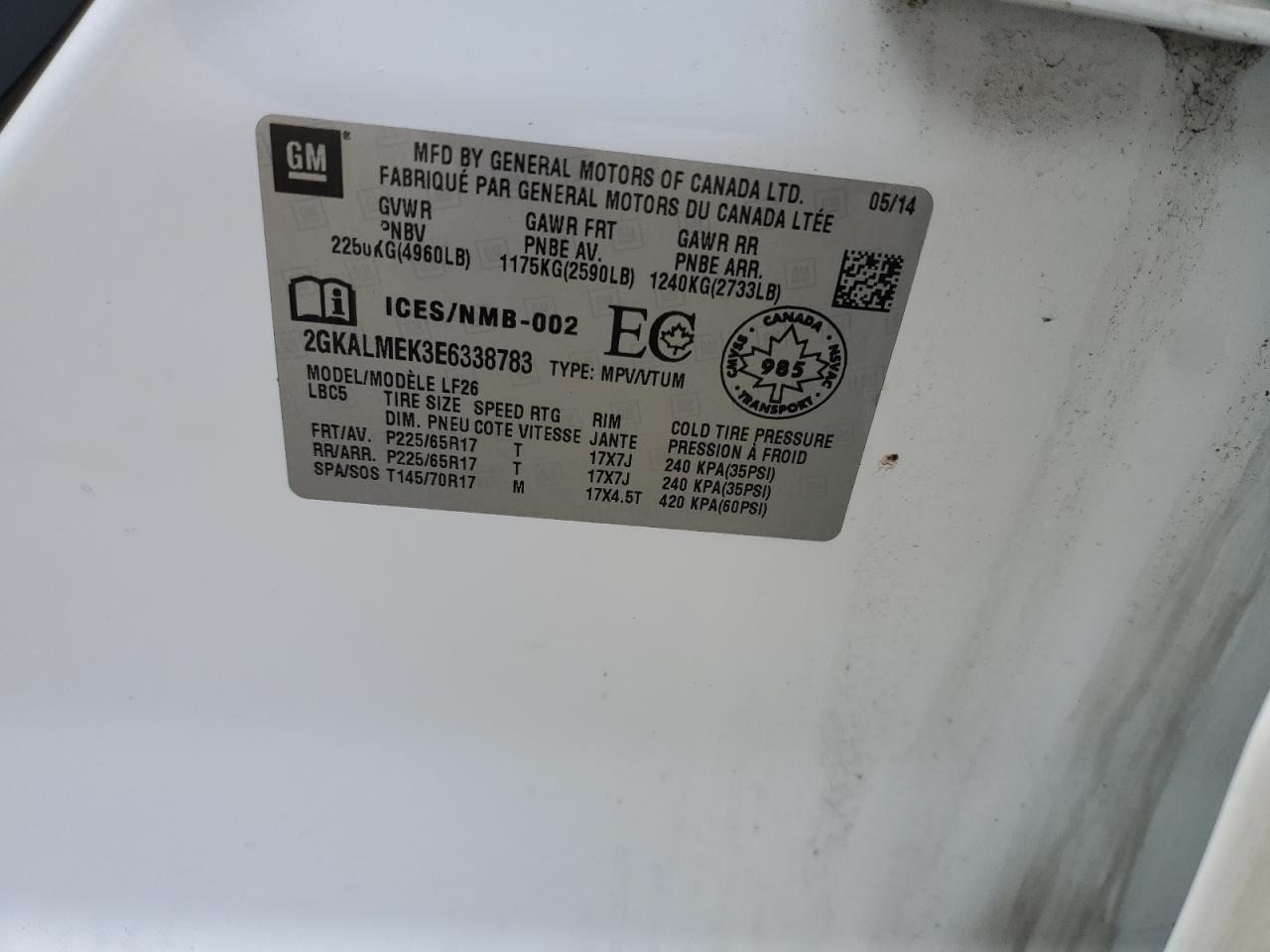 2014 GMC Terrain Sle VIN: 2GKALMEK3E6338783 Lot: 80178555