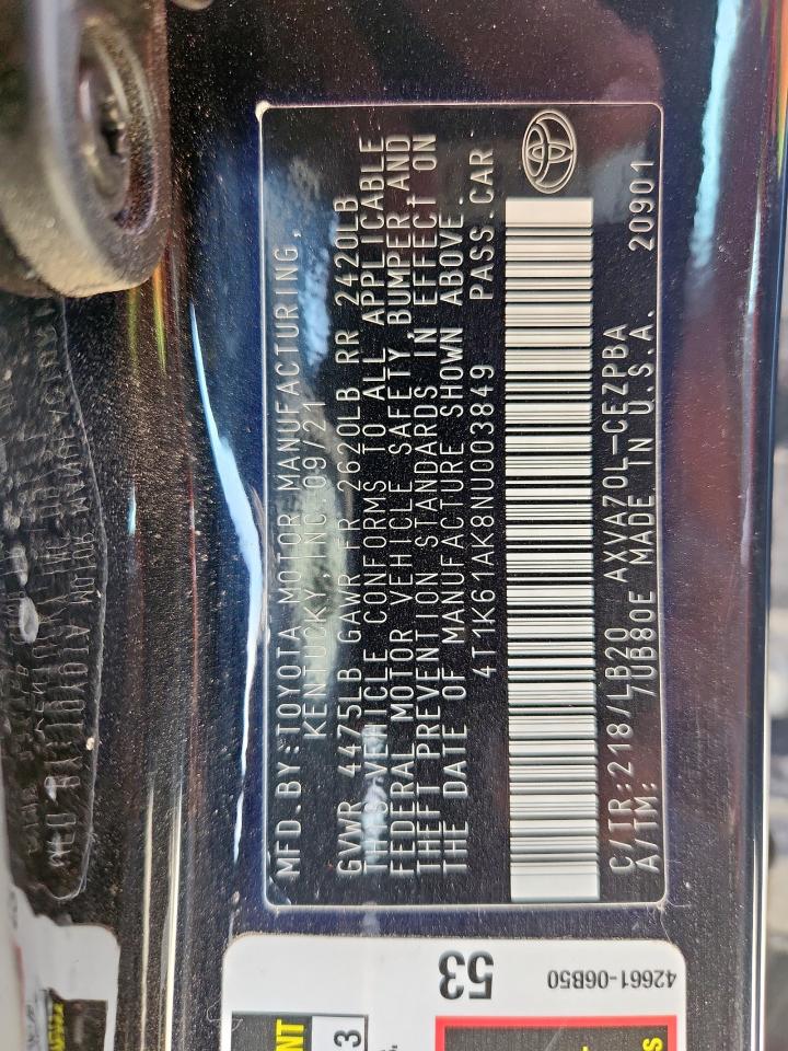 2022 Toyota Camry Xse VIN: 4T1K61AK8NU003849 Lot: 81272765