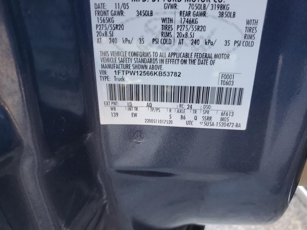 2006 Ford F150 Supercrew VIN: 1FTPW12566KB53782 Lot: 81698775