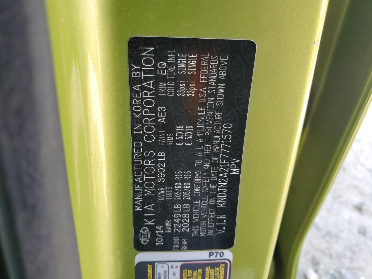 2015 Kia Soul VIN: KNDJN2A21F7771570 Lot: 71250085