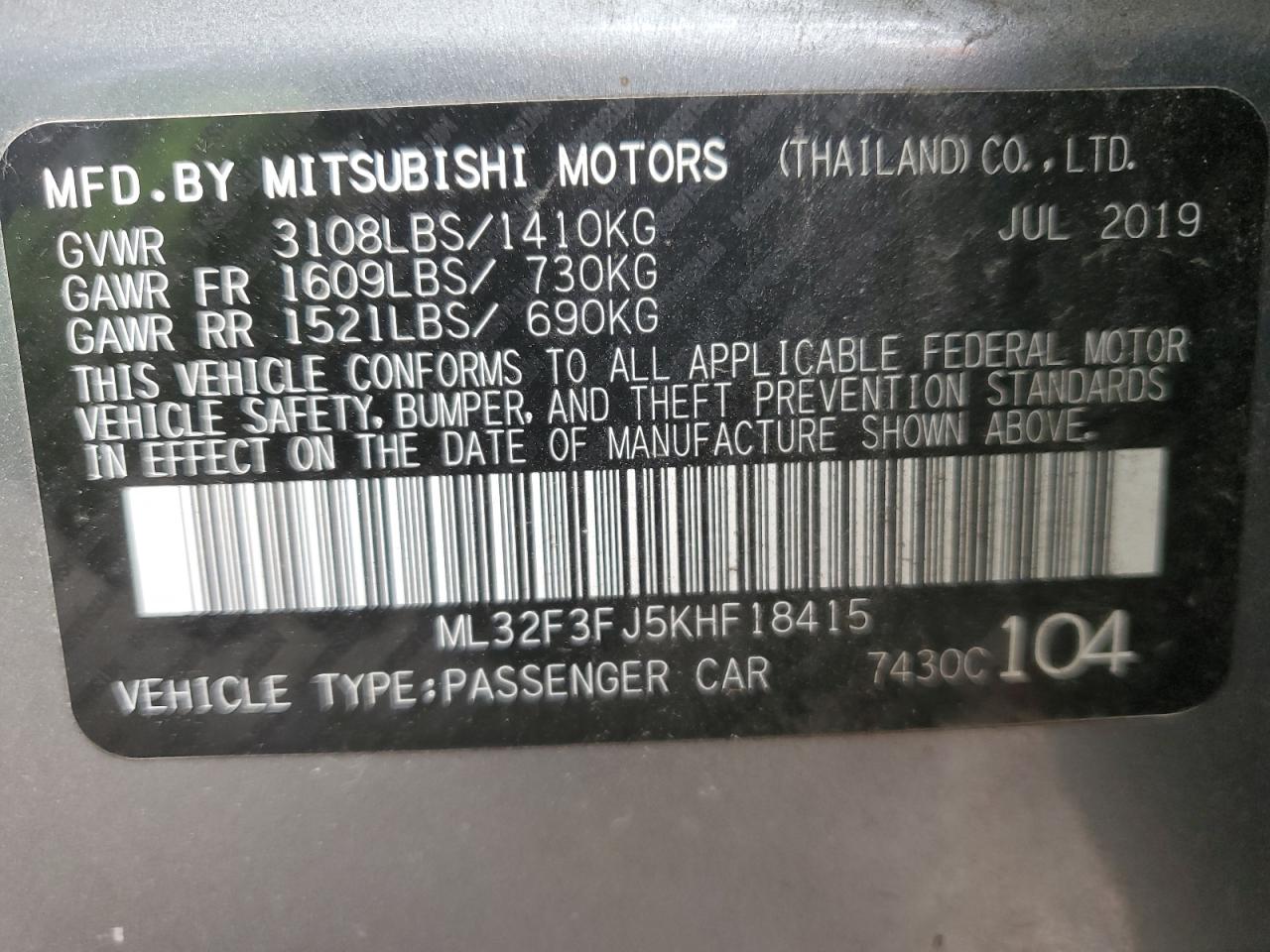 2019 Mitsubishi Mirage G4 Es VIN: ML32F3FJ5KHF18415 Lot: 81816425
