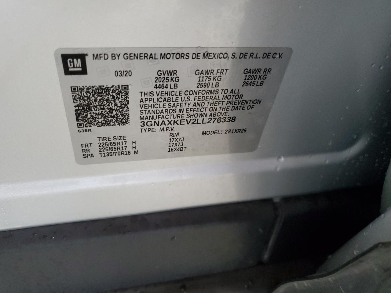 2020 Chevrolet Equinox Lt VIN: 3GNAXKEV2LL276338 Lot: 81909585