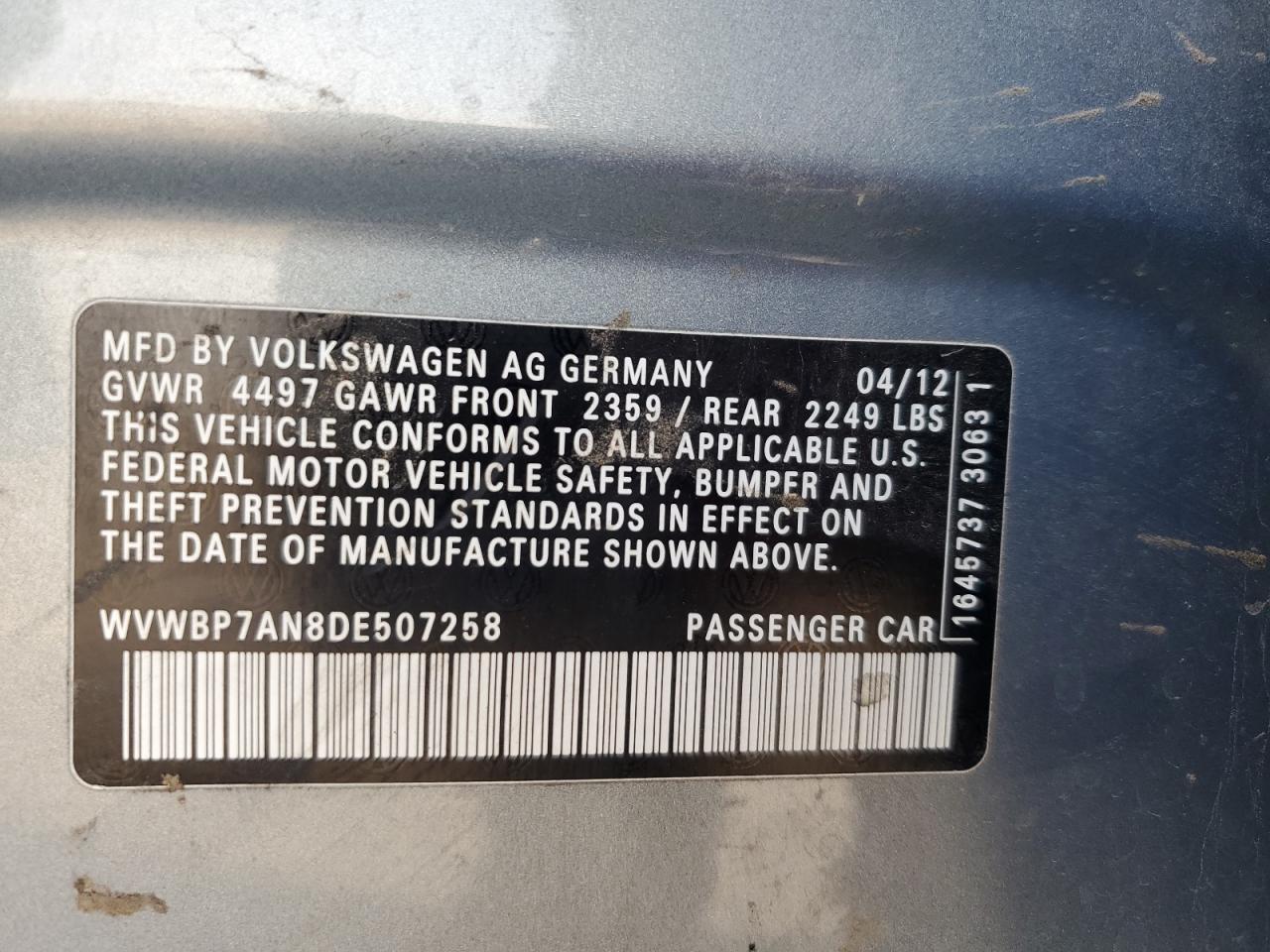 2013 Volkswagen Cc Sport VIN: WVWBP7AN8DE507258 Lot: 71243325