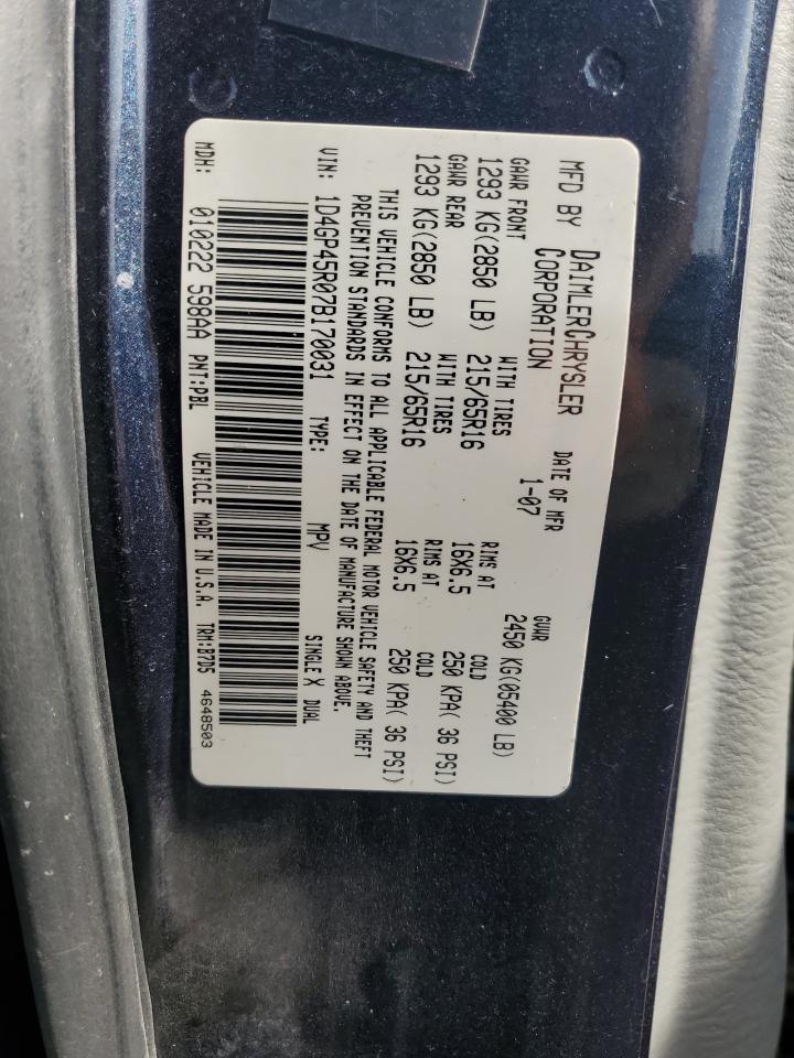 2007 Dodge Caravan Sxt VIN: 1D4GP45R07B170031 Lot: 81287865