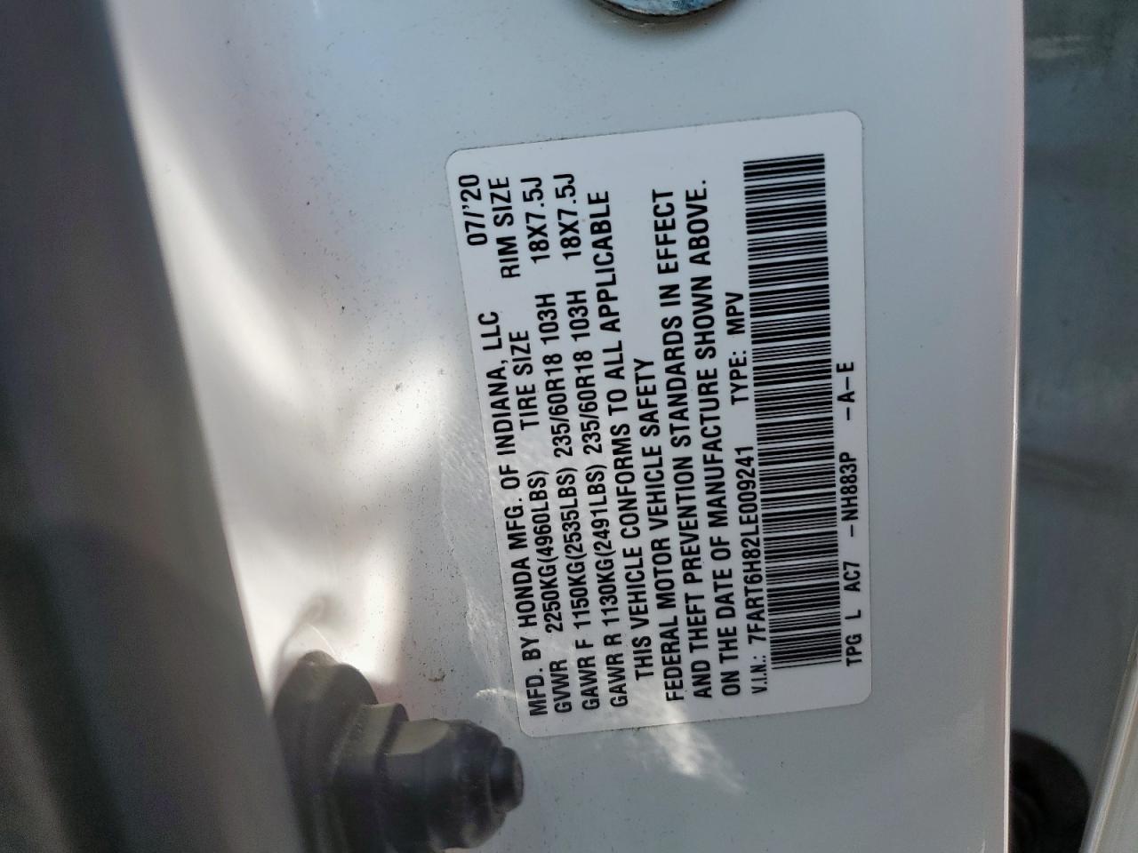 2020 Honda Cr-V Exl VIN: 7FART6H82LE009241 Lot: 80878915